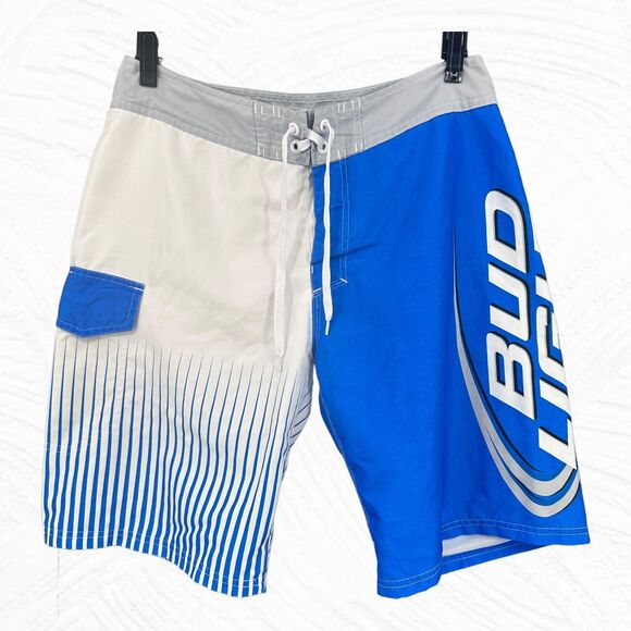 Bud Light Swim Trunks Men's Size 34 Blue Draw String lined lightweight Pocket - Picture 2 of 5